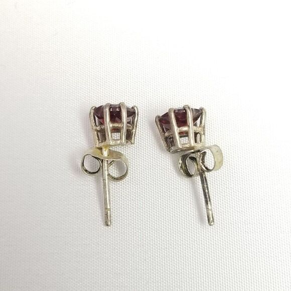 Vintage Red Rhinestone Heart Shape Stud Earrings, Silver Tone Prong Setting - Picture 3 of 6